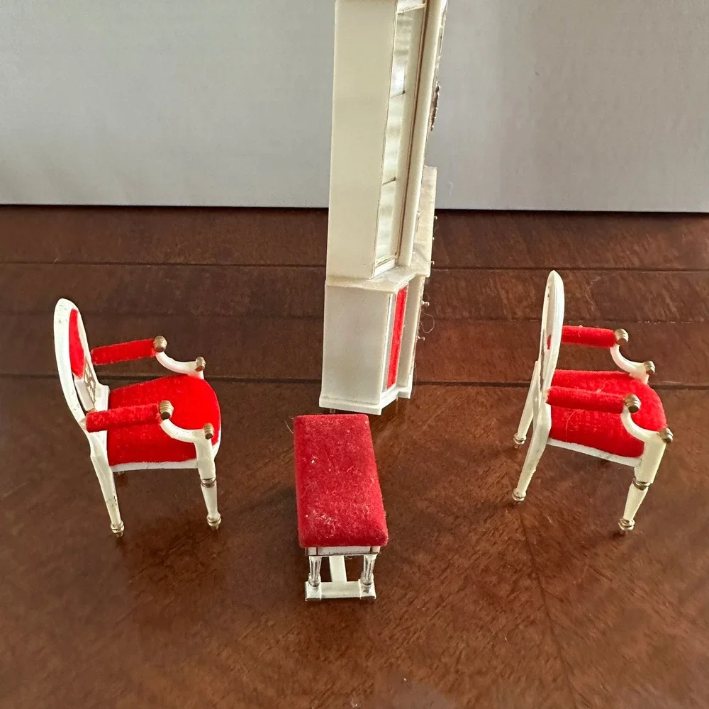 Vintage Miniature Dollhouse Furniture Set Red Velvet White Gold Hutch Chairs 4pc